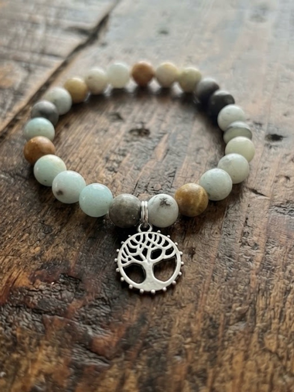Beaded Amazonite Stretch Bracelet with Tree of Life Charm - Multi-Color